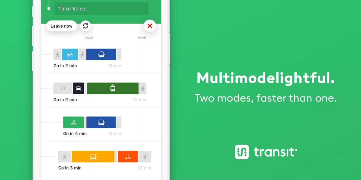 transitapp's tweet image. Today Transit+ gets even more plus: with bus.

Also, ferries. Oh wait and personal bikes too.¹

Which meaaaans: if you plan a trip, we&apos;ll show you where combining 🛴/🚲/🚕 with 🚌/🚅/⛴ is faster than any one mode, by itself.

¹ set up 🏠+👔 locations &amp;amp; this&apos;ll work even better!!