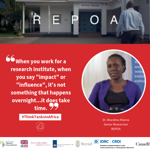 .#ThinkTanksInAfrica: “When you work for a research institute, when you say #impact or #influence, it's not something that happens overnight...it does take time.” Learn more from @REPOA: bit.ly/2Y5lLp1 @BBuganzi