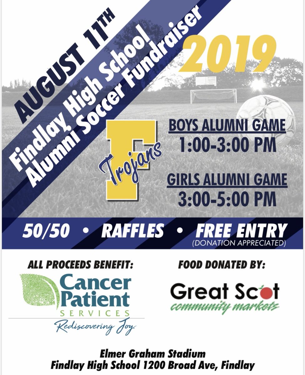 FindlaySoccer's tweet photo. Getting very close our annual FHS Alumni Soccer Games! This year, not only do we celebrate our program's past &amp; present players, but we're also raising money to support Hancock Co. Community members who are battling Cancer. So, dust off your old boots &amp; come on out! #trojantrue https://t.co/zAA3oe6sKV
