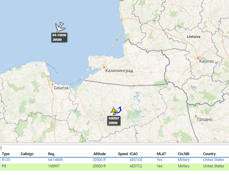 5472_nde's tweet photo. As predicted, FLUFF59 now operating over the #Baltics  surveilling #Kaliningrad Oblast - in the same approximate area is #UNavy P8A Poseidon serial 168997 another #ISR platform. 1702z https://t.co/dLnUZvEDwJ