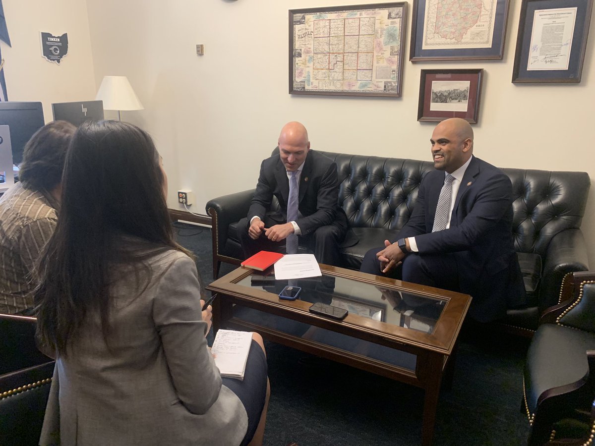 PaigeHutchinson's tweet image. .@RepColinAllred and @RepAGonzalez chatting about how they have more in common than their football backgrounds (and their haircuts). #bipartisanship