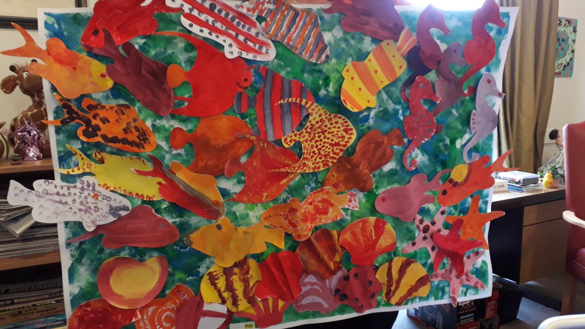 Colourful cooling under the sea scene painted by residents at Aspen Court on what is turning into the warmest July day on record #artforall #dementiaaware #creativemojoderby #aspencourt #staycool #creativederby #paintingisfun