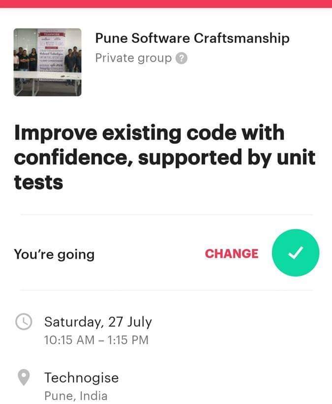 way2datta's tweet image. Pune Software Craftsmanship's next meetup event on coming Saturday, July 27, 2019, 10.15 AM.
#TDD #ClenCode #Refactoring #LegacyCode
 
"Improve existing code with confidence, supported by unit tests"
Join group: 
meetup.com/pune-software-…
RSVP: 
meetup.com/pune-software-…