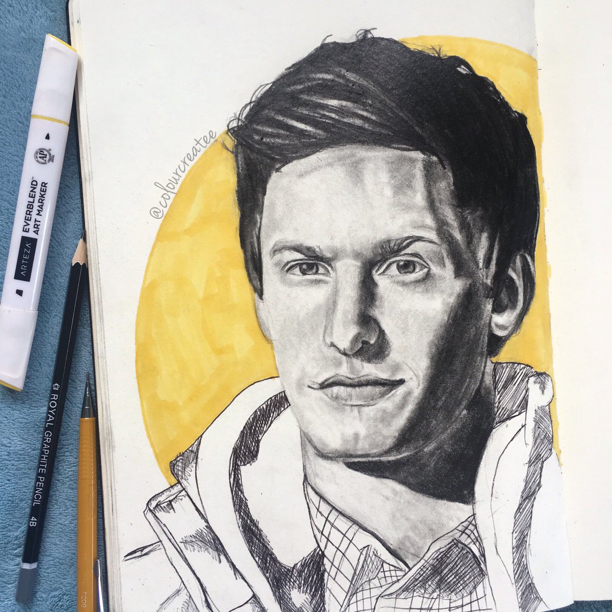 Colourcreatee's tweet photo. Drawing of @thelonelyisland from @nbcbrooklyn99 https://t.co/X0zYyefMz4