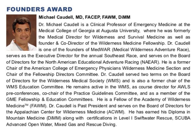 WEMSText's tweet photo. Congratulations to Dr. Michael Caudell, co-author of Wilderness EMS Chapter 9 and recipient of the 2019 Wilderness Medical Society Founders Award!
#WEMSText #WEMSTextAwards #wmscb19 #WEMS9 #wildmed @WildMedSociety @Wolters_Kluwer @EMNews @EmergencyDocs https://t.co/DUv3ffiZLH