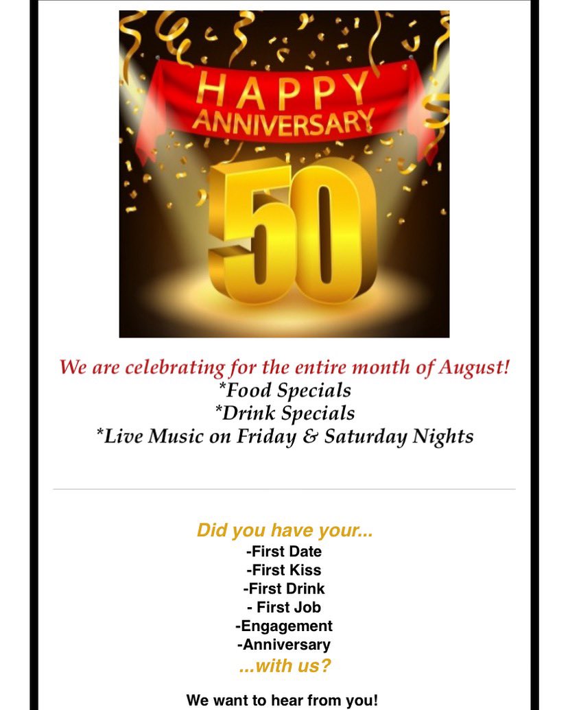 danssteakhouse's tweet photo. One week from today we kick off our Anniversary month!!! 50 years — can you believe it! #anniversary #50years #50thanniversary #celebrate #celebration #redbank #redbanknj #nj #njlocal #newjersey https://t.co/Vn00Evq7XO