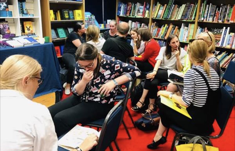 AliceleeFox's tweet photo. The Grove’s teachers love to read. Thanks to Clair @heffersbookshop @childrenheffers for hosting a lovely CPD session to get us ‘book-blethering’ about our recent reads. Good fun! @#reading #RfP #readingforpleasure @TeresaCremin @OpenUni_RfP @KMguineafowl https://t.co/lFjFd5Up0u