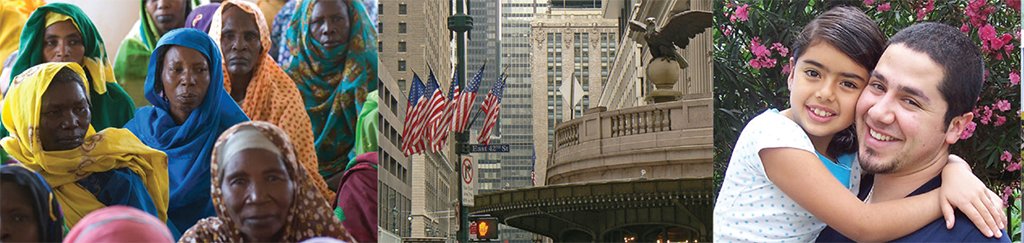 a tryptich of three photos: a crowd of muslim women in headscarves, a photo of a U.S. government bulidng, and a photo of a young girl smiling and huging an adult man