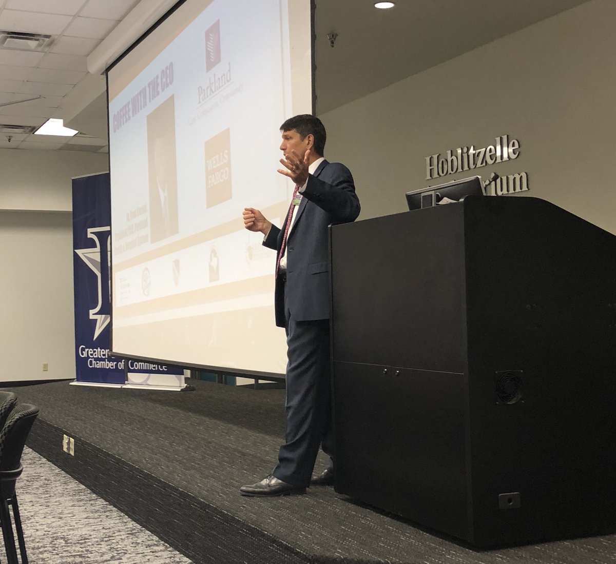 GDHCC's tweet photo. Great presentation from @Parkland CEO Dr. Fred Cerise at this morning’s #GDHCCCoffeewiththeCEO. Thank you to our sponsors and partners - @Parkland, @WellsFargo, @dcccd Bill J. Priest Institute, LULAC District 3, @DFWRHCA and @sedhcc for making today’s event possible! https://t.co/BMU8xl5W8e