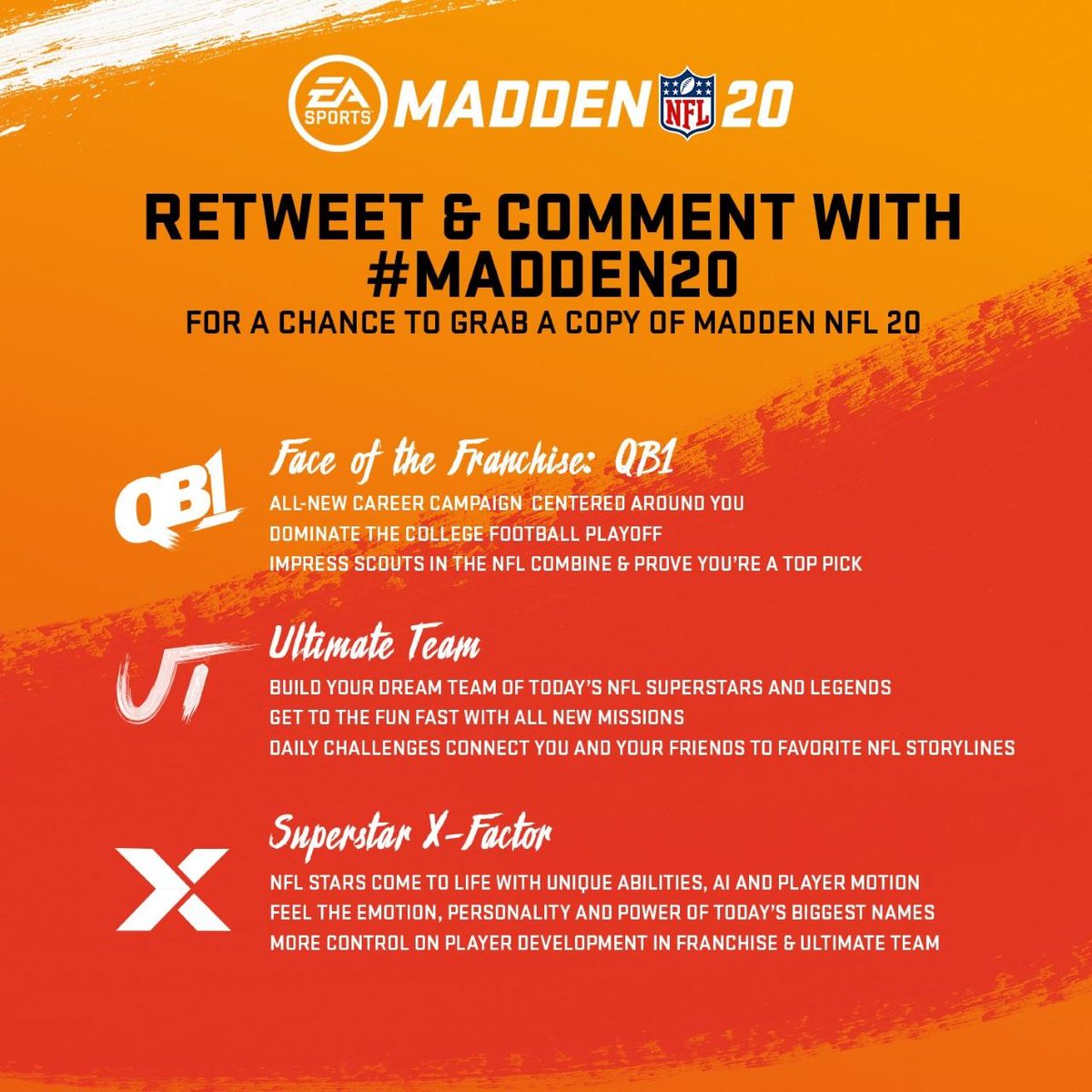 I'll be giving away a few copies of #Madden20 on both XB1 and PS4!

If you want to enter the giveaway, you MUST BE FOLLOWING, so I can DM you if you win.

Respond to this tweet telling me your first football memory growing up along with "#Madden20."