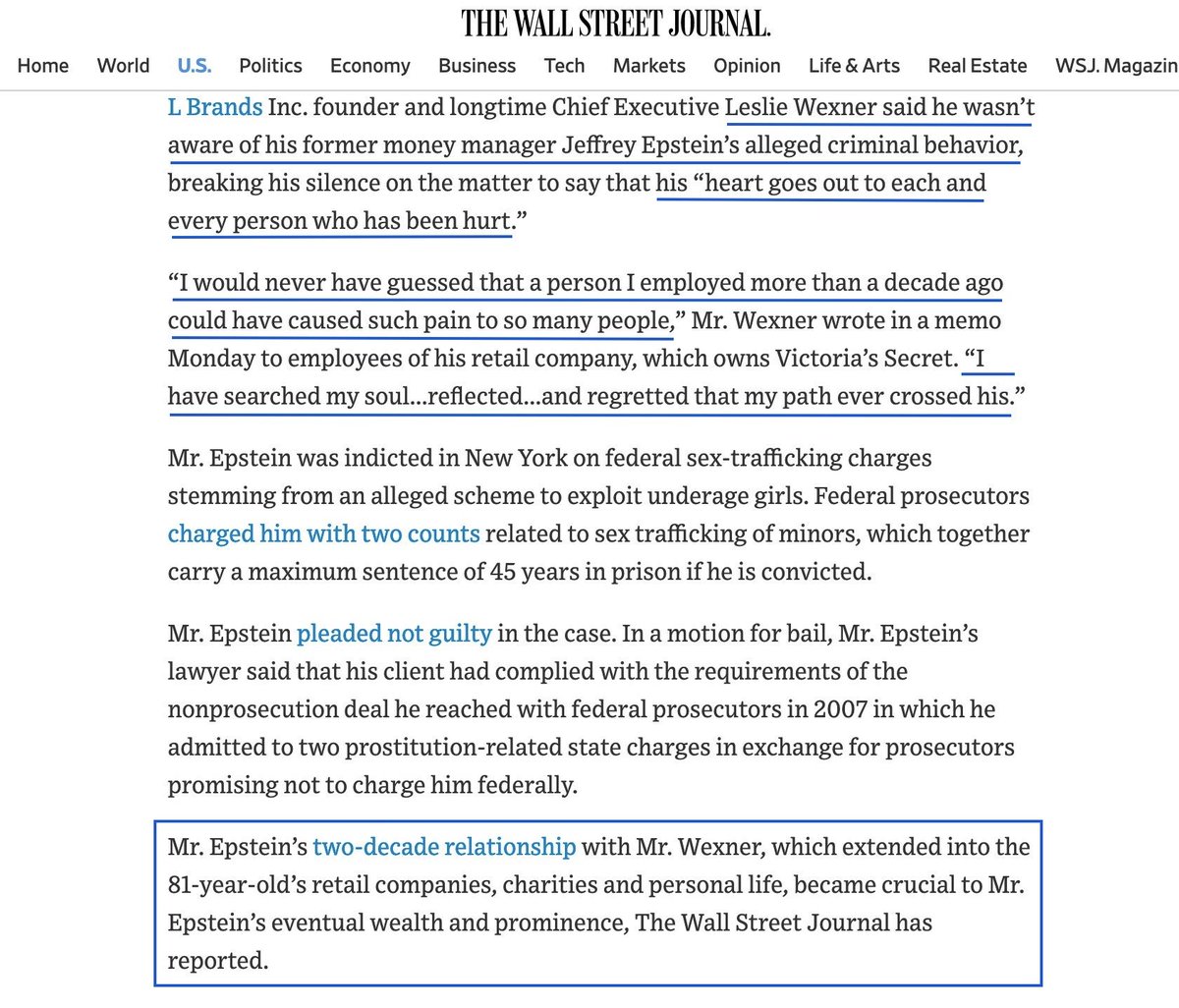 ExcusesWSJ7-15-19Leslie Wexnerwasn't aware ofmoney manager,Jeffrey Epstein's,criminal behavior."Would never have guesseda person I employedmore than a decade agoTry 80s Les. Not a decade.Y can't WSJ remember their own reporting.They met in the 80s per WSJ!