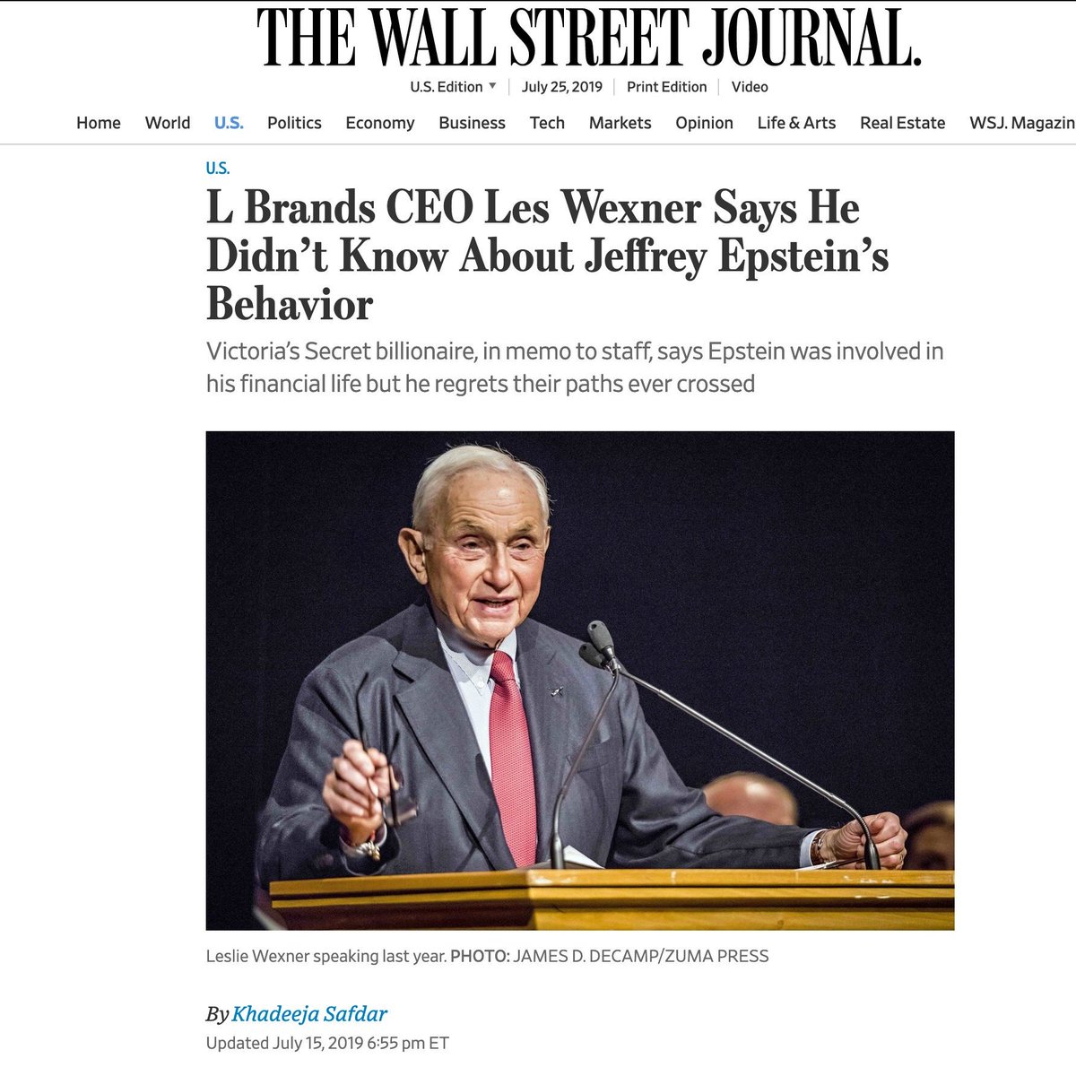 ExcusesWSJ7-15-19Leslie Wexnerwasn't aware ofmoney manager,Jeffrey Epstein's,criminal behavior."Would never have guesseda person I employedmore than a decade agoTry 80s Les. Not a decade.Y can't WSJ remember their own reporting.They met in the 80s per WSJ!