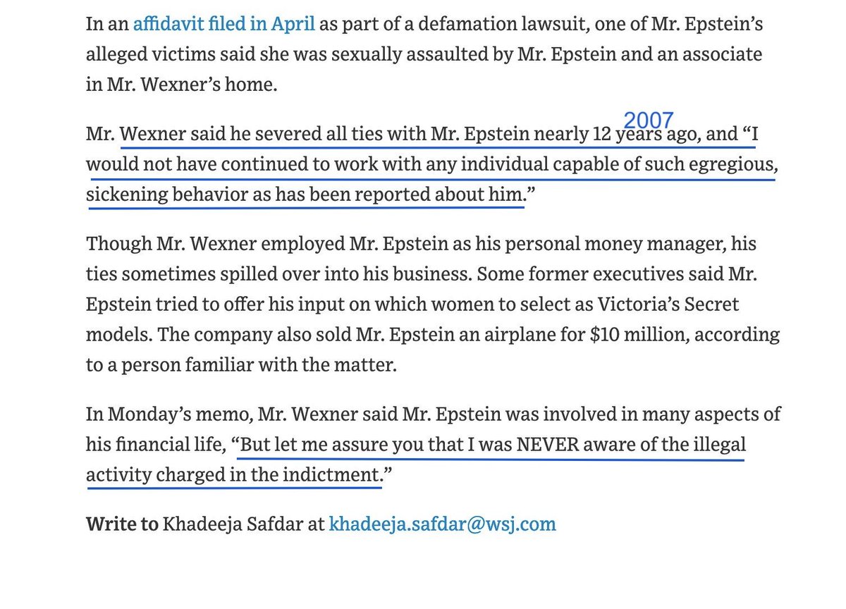 Leslie Wexnerclaims 2 havesevered ties wJeffrey Epstein2007.Paul says, u can't quit that kind of love."Let me assure u I was never aware of the illegal activity charged in indictment."*Things that come back 2 haunt √