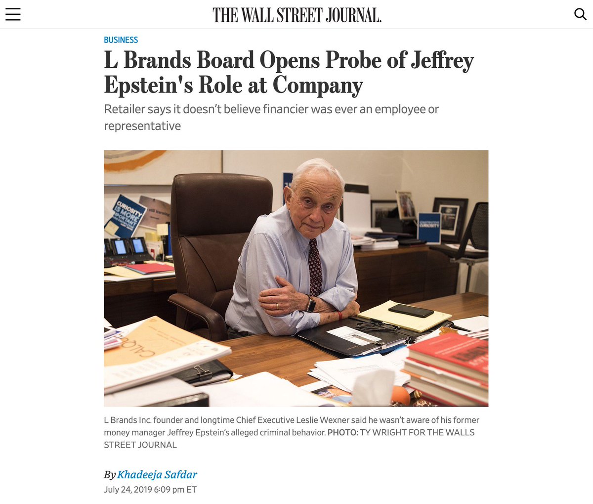 Commingling Much Leslie?WSJ7-24-19L BrandsBoard of Directorshires outside law firm2 reviewJeffrey Epstein'srole at co.How far will they go?1963?Leslie Wexner, 81,attny says"We do not*believehe was ever employed bynor served as an authorized rep."