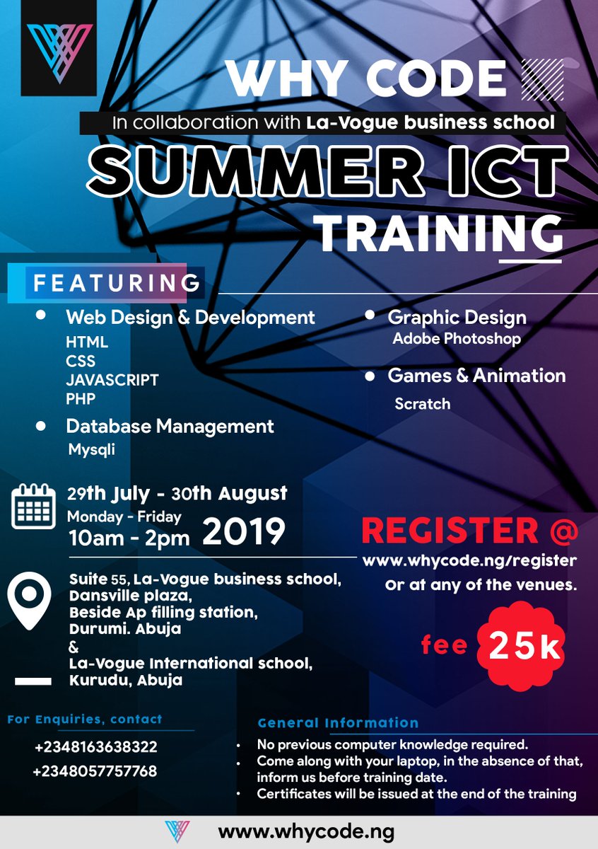 WhyCodeNG's tweet photo. What are your kids really doing this holiday? 

Why not engage them in our ICT summer school program starting on Monday, 29th July 2019. 
You can register and pay online via the website https://t.co/XDQUKlcEGC

👇👇👇 https://t.co/LHri2hTxkJ
