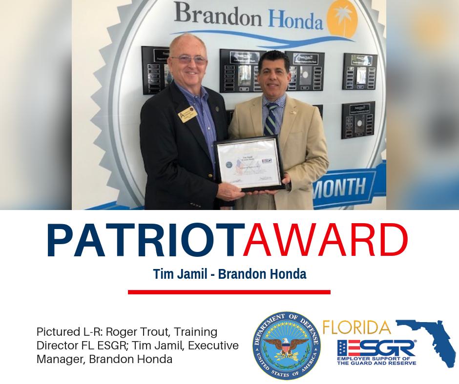 FL_ESGR's tweet image. #PatrioticEmployer Tim Jamil of Brandon Honda received the @DeptofDefense Patriot Award for his exceptional support of the members of the #GuardReserves employed by the organization. Award requested by Corporal Yeral Gonzalez, United States Army Reserve #ESGR @ESGR