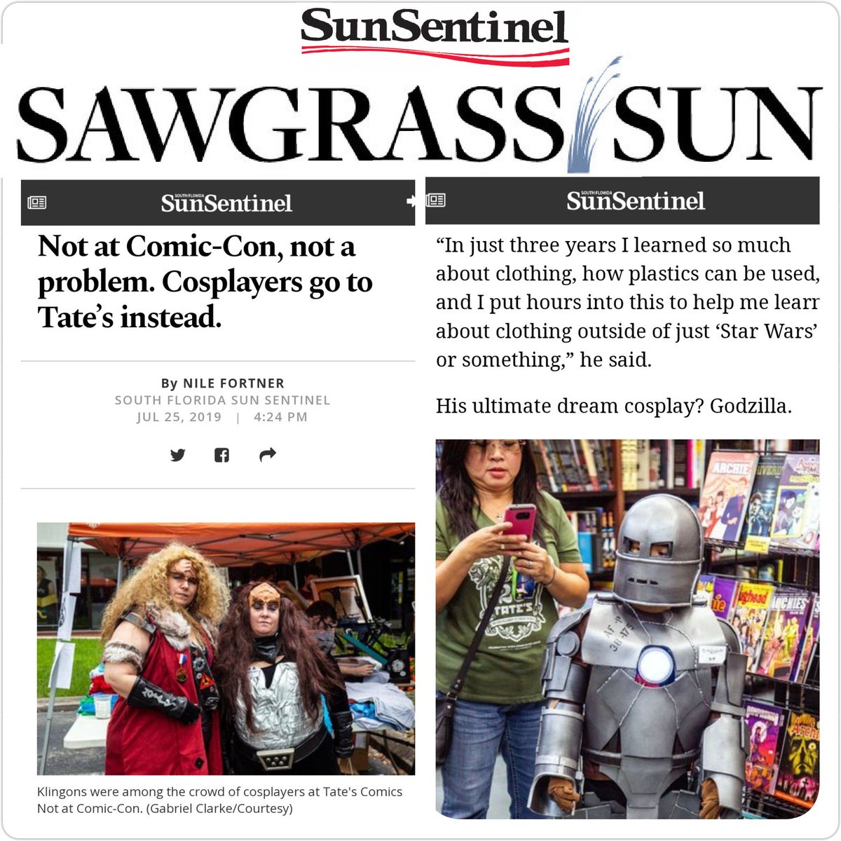 Nile_Fortner's tweet photo. #TatesComics celebrated 10 years of their #NotatComicCon #event. The #SunSentinel #SawgrassSun & I checked out the #cosplay at #Tates & the identity behind the #cosplayers. Take a ๐ at my #article & ๐ธ by #GabrielClarke.โ๏ธ๐ฐ #ThursdayMotivation
#Link โฌ๏ธ
https://t.co/vvymxztFV7 https://t.co/6CfFS14Se2