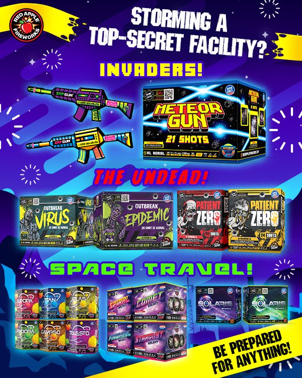 redapplefw's tweet image. #Pyrosquad! Planning to storm a top-secret facility? Get prepared for anything!

Whether they’ve got space invaders, an undead virus or the secrets to space travel stashed there… Red Apple® has got you covered, #fam!

Buy now!: bit.ly/30REWzq

#welovefireworks® #litAF™