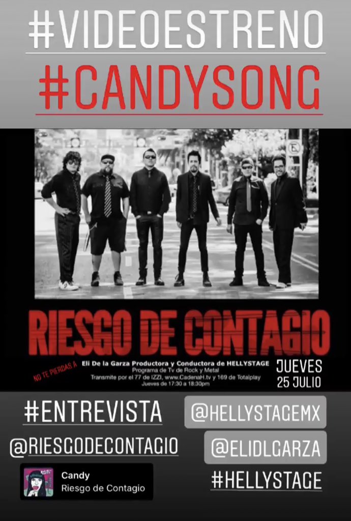 RiesgodContagio's tweet photo. #entrevista #videoestreno #Candysong @RiesgodContagio 
Nos vemos #hoy a las 17:30 h 
Jueves 25 de julio con @HellyStage por canal 77 de @izzi_mx  y canal 169 de @totalplaymx 
@cadenahtv https://t.co/YW9oknTJ6N