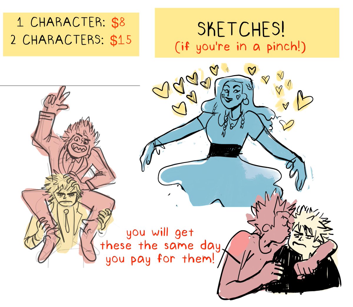 i'm doing another commissions post with lower prices! email me at quibblette@yahoo.com for questions and character details!!! ✨✨

icons/portraits: $20/ half body: $35/ full body: $50 