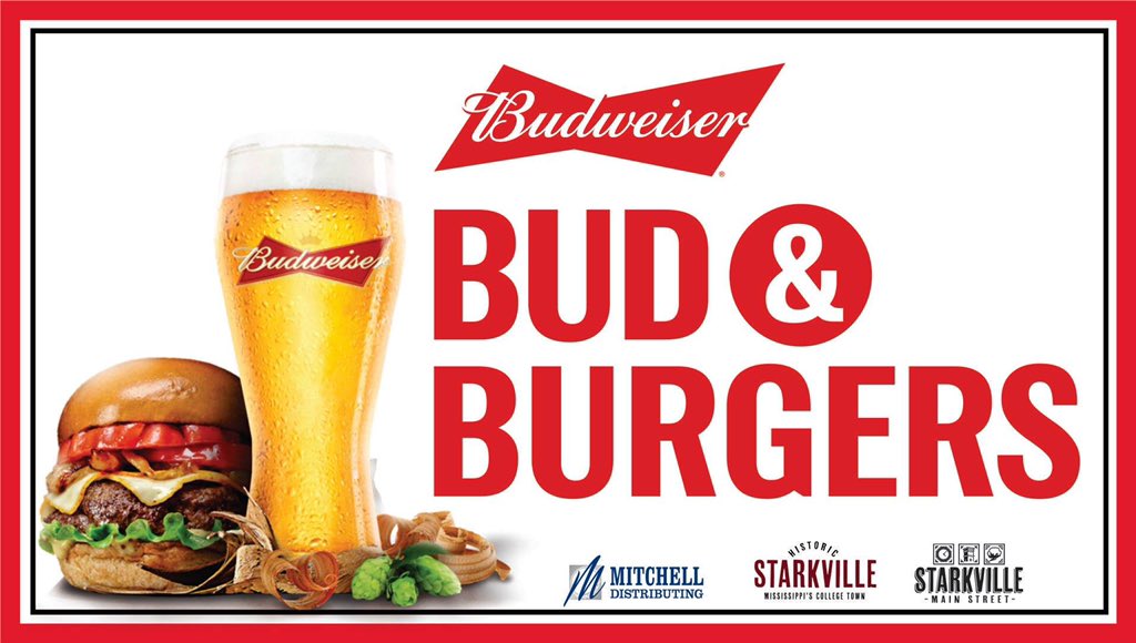 mscollegetown's tweet photo. Thrilled to announce our official judges for tomorrow night’s Bud &amp; Burgers event sponsored by @budweiserusa &amp; @mitchelldistrib! Thank you to Starkville Mayor @lynn_spruill, Fire Chief @CharlesYarbrou9, @MugshotsStark Alex Thorton, &amp; new @HailStateSB Head Coach @Coach_Ricketts! https://t.co/wRVY05N69a