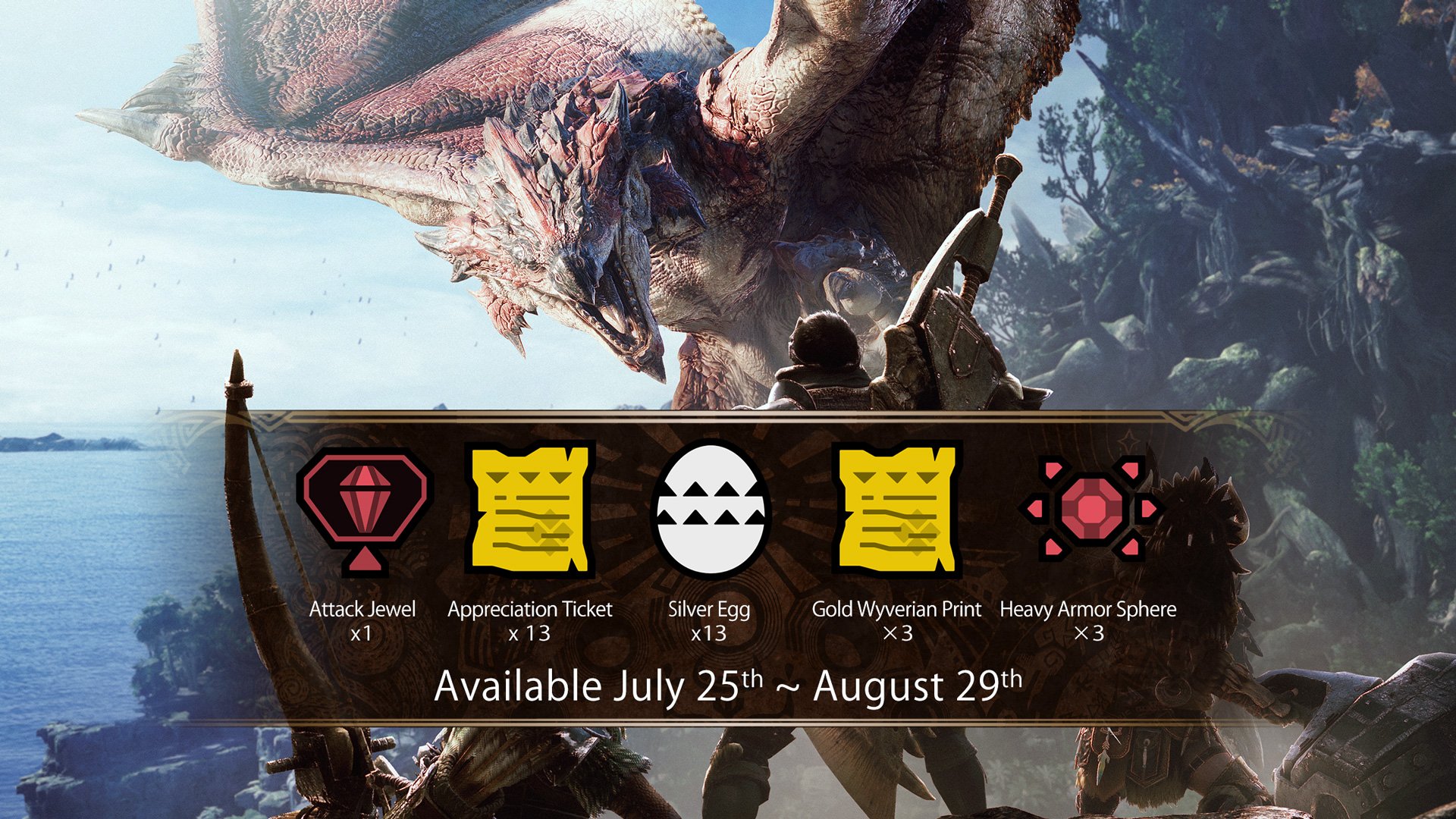 Monster Hunter Hunters Our Mhworld Commemorative Item Pack Is Now Live On All Platforms Claim Your Daily Login Bonus And Enjoy This Special Gift T Co Dtbztqdnd0