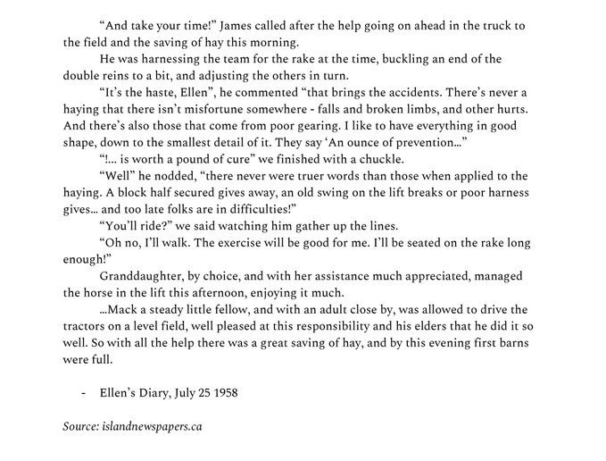 UPEIGeoREACH's tweet photo. Ellen's diary entry from July 25 1958 depicts the process of "saving your hay", an arduous task if done by hand. Ellen describes using horses and tractors to help with the harvest, illustrating the important transition from man to machine during this time. #aghist #peihistory https://t.co/AwbQDvkbpa