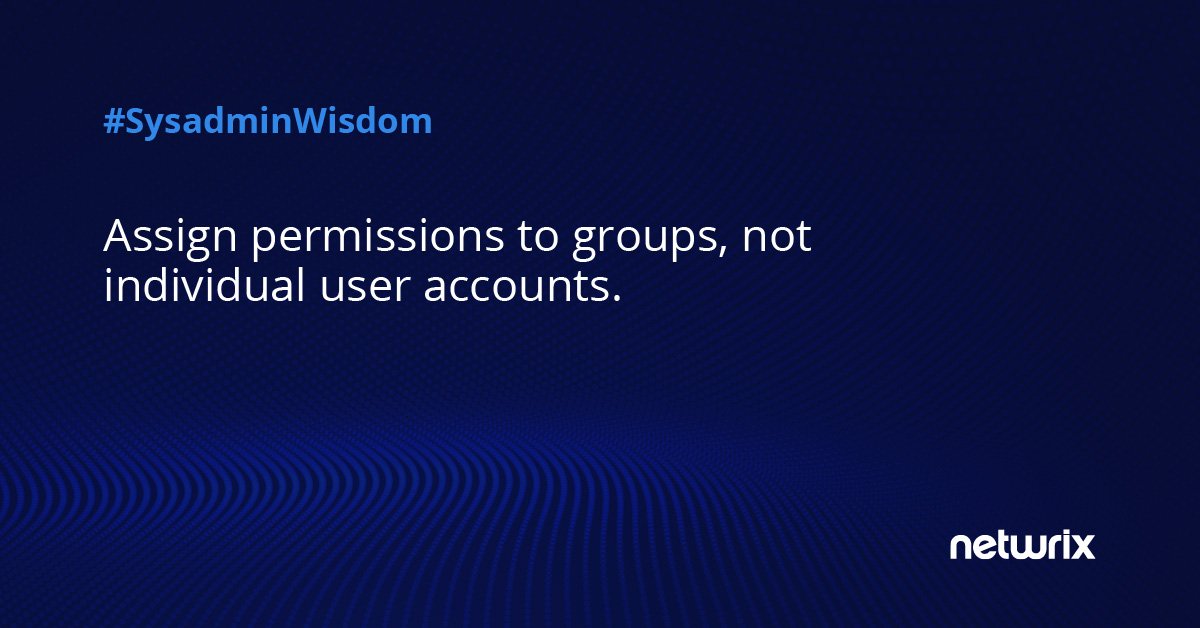 Netwrix's tweet photo. Using groups to control user permissions simplifies management &amp; improves accuracy. Find more in our #Data Access Governance Best Practices https://t.co/ivErGBmzbi 
#SysadminWisdom #SysadminDay https://t.co/Vi0kUXTTuT