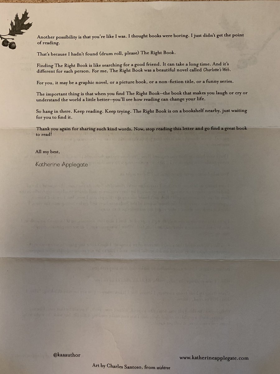 Thanks <a href="/kaaauthor/">Katherine Applegate (kaaauthor.bsky.social)</a> for the incredibly inspiring letter back to my students! You definitely answered our questions!!!