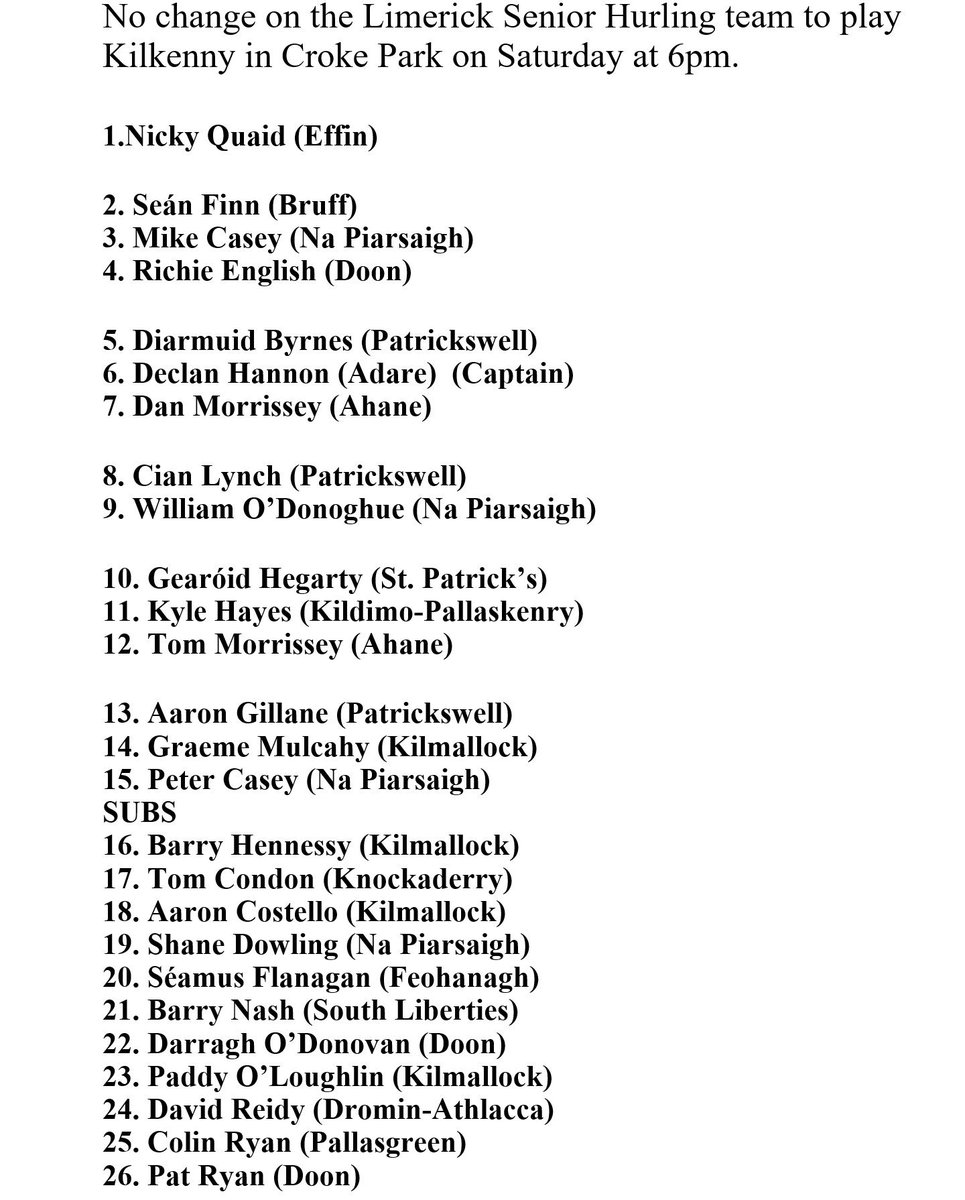 MattOCall's tweet photo. Limerick teams for Saturday's All-Ireland semi-finals named. 
No change on senior team one on minor. 
#Limerick #Hurling #GAA https://t.co/3irkhxfLEo