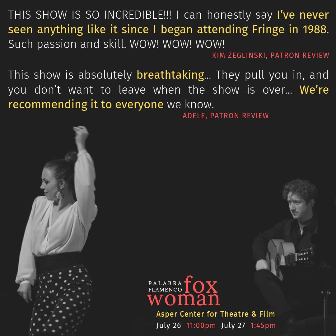 PalabraFlamenco's tweet photo. Two more shows of Fox Woman: July 26 (11:00pm) and July 27 (1:45pm). Magnetic storytelling and passionate flamenco dance and guitar. TICKETS: https://t.co/AIMSALFDjy #wpgFringe #wpgTheatre #wpgDance #wpgMusic #wpgEvents #winnipeg #wpg #pegcity #wpgmusic #ywg #WinnipegEvents 1/2 https://t.co/Zl6yeRBQdC