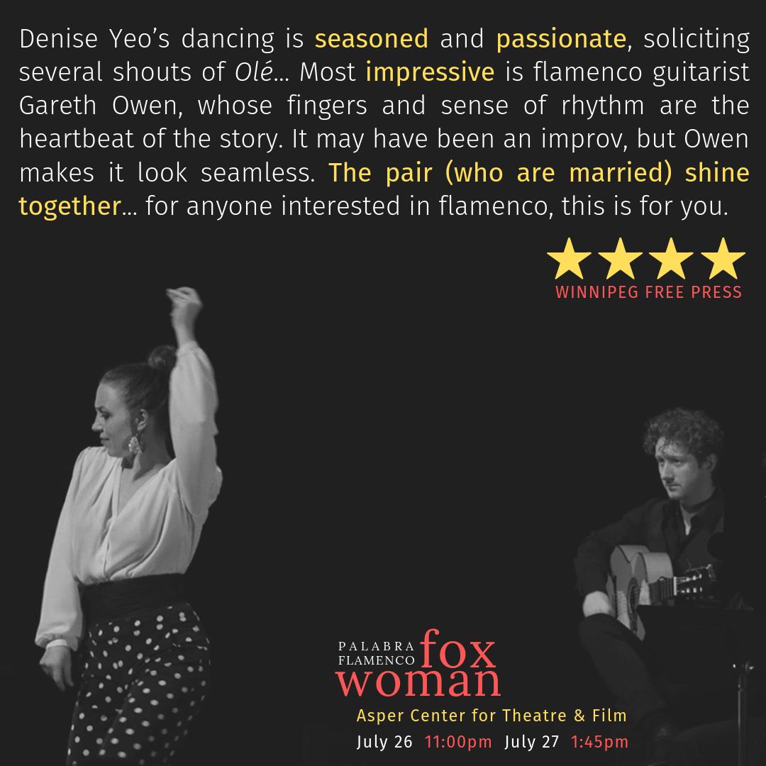 PalabraFlamenco's tweet photo. Two more shows of Fox Woman: July 26 (11:00pm) and July 27 (1:45pm). Magnetic storytelling and passionate flamenco dance and guitar. TICKETS: https://t.co/AIMSALFDjy #wpgFringe #wpgTheatre #wpgDance #wpgMusic #wpgEvents #winnipeg #wpg #pegcity #wpgmusic #ywg #WinnipegEvents 1/2 https://t.co/Zl6yeRBQdC