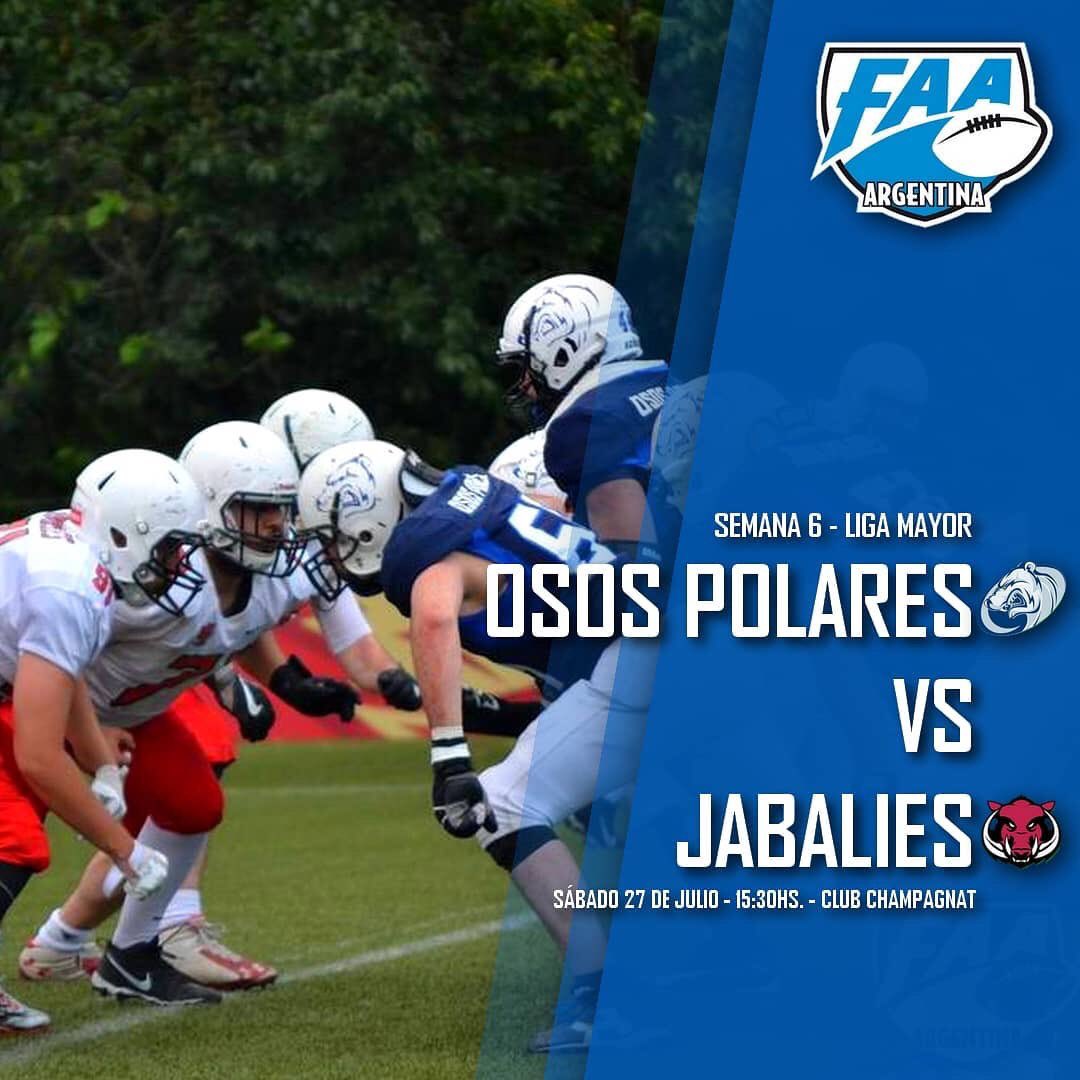 FAARGONLINE's tweet photo. Osos Polares buscará seguir invicto en el certamen nada mas ni nada menos que contra el ultimo campeón de la Liga Mayor, Jabalíes.

Este Sábado 27 de Julio, a las 15:30hs. en Club Champagnat (Gral. Pacheco 1351 - El Talar).

#OSPvsJAB #OsosPolares #Jabalies #FootballAmericano https://t.co/so93uq4Fzd