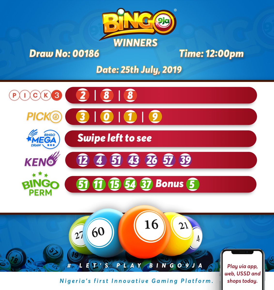 Bingo_9ja's tweet photo. Pick 3 Winnings update 💢
Any Combo: 15k
Straight: 50k
Flush: 100k
Pick 4 Alert: Match any 3 numbers on Pick 4 and win 2k.

Goodluck from Bingo9ja ... #Bingo9ja #winner #bingo9jaishere
#tgifinstagainz https://t.co/kWIj4ejQgu