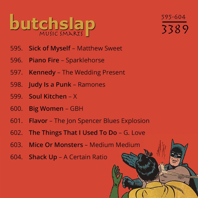 butchslap's tweet photo. Songs 595 – 604 of my 3,389 song playlist started in 2009. Listen on Spotify at https://t.co/iJcnHLJw48 And follow me on Twitter for a new song each day. #MatthewSweet #Sparklehorse @weddingpresent @RamonesOfficial @XtheBand @gbhuk @JSBX_1 @glove #MediumMedium @acrmcr https://t.co/rpF6Wi47ID