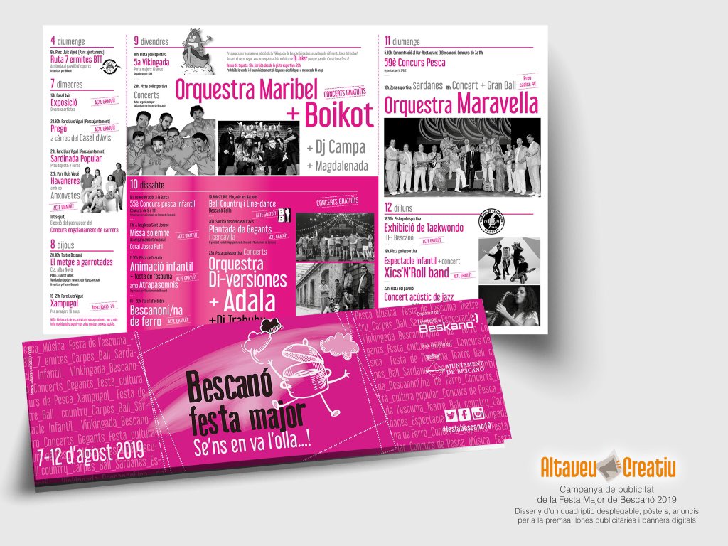 AltaveuCreatiu's tweet photo. 📢 Campanya de #publicitat de la Festa Major #Bescanó 2019 🖍 Disseny d’un quadríptic desplegable, pòsters, camisetes anuncis per a la premsa, lones publicitàries i bànners digitals #AltaveuCreatiu #festabescano19 #ComunicacióCreativa #Estanyol #Girona #dissenygrafic #comunicacio https://t.co/jrzWVybTBG