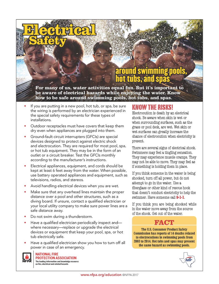 It's #hot out there, and we're all spending lots of time in and around the #water. But are you aware of possible #electrical hazards? Know how to be safe around swimming #pools, hot #tubs, and #spas.