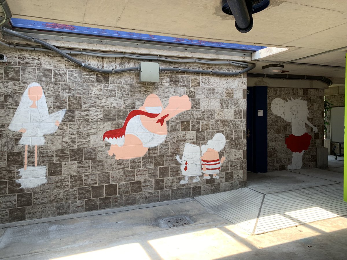 TBradleyMurals's tweet photo. A few weeks ago Robert prepped the columns @PetersenHISD ...we took advantage of the lower humidity this morning to begin adding the titles to the columns and a few more characters! https://t.co/sEU4y2DcmD