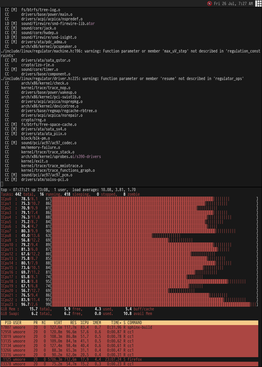 Screenshot of two terminals. The top showing output from compiling the Linux kernel. The bottom one is running top with most of the 24 threads on the machine utilised.