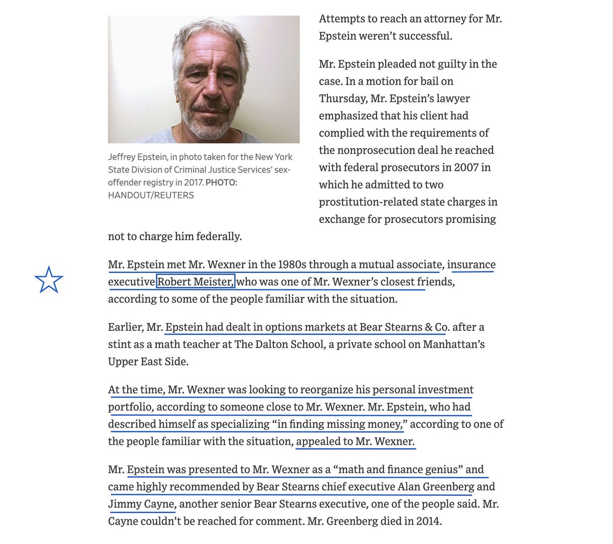 When did they meet?Y confusion here?Wexner close friend Robert MeisterInsurance Exec [? DK]Jeffrey Epstein + Leslie Wexnermet in 1980sIt was during the period of corp restructuringEpstein was on board*assisting Les.Yeah. Real *genius.