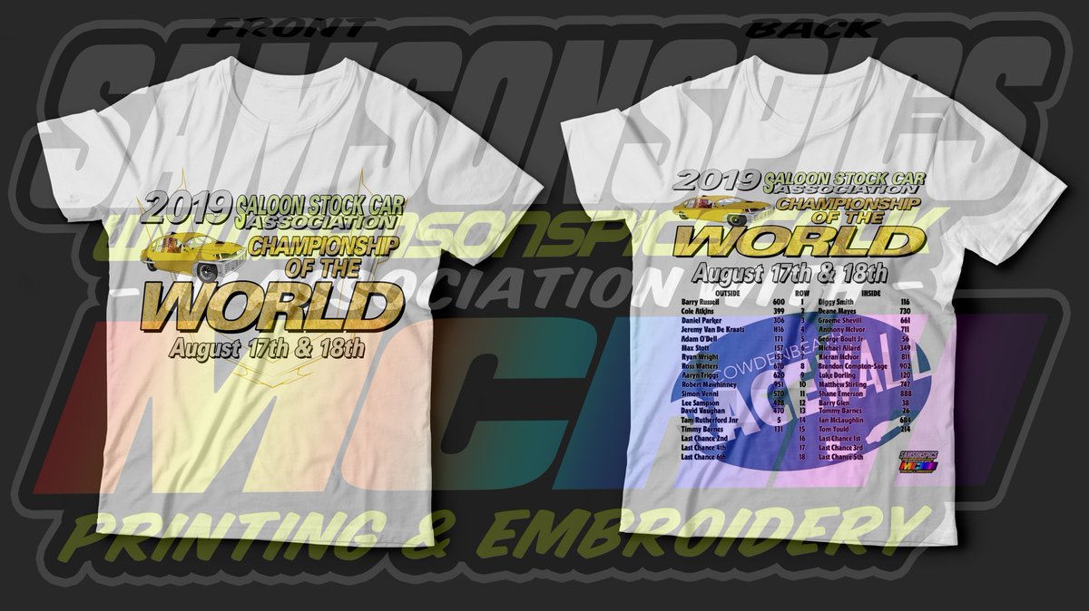 Countdown is on until the 2l saloon world final 2019. The official Saloon world t shirts are on sale in the track shop from this Saturday. 

Usual Adult Sizes Priced at £13
Kids Sizes Are As Follow: Priced at £10
3/4yrs 5/6yrs 7/8yrs 9/11yrs 12/13yrs

<a href="/Racewall/">Cowdenbeath Racewall</a> <a href="/SaloonStockCars/">Saloon Stock Cars</a>
