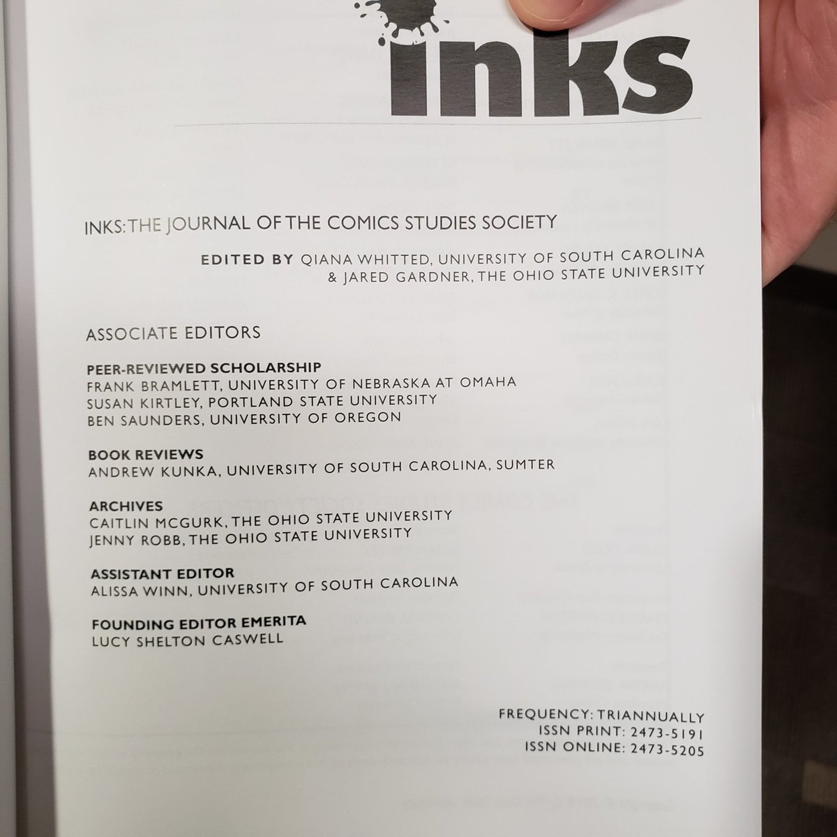 Dr. Frank Bramlett, professor of linguistics at UNO, is an editor for Inks, the journal for Comics Studies Society. Here is a picture of him with their newest issue! Follow the link to order your copy!
<a href="/INKS_ComicsJrnl/">INKS Comics Journal</a>
#lovewhatyoudo #comicsstudies  muse.jhu.edu/issue/40537