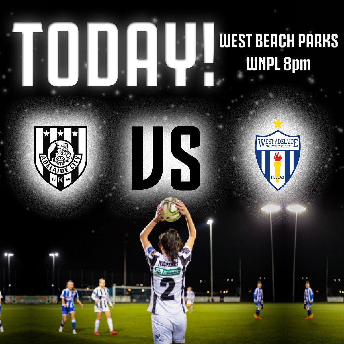 AdelaideCityFC's tweet photo. A massive fixture in the WNPL tonight as City travel to West Beach to take on West Adelaide!
The Black & Whites have the chance to extend their lead at the top and earn bragging rights before finals with a win over their traditional rivals.
#ThisIsOurCity #WNPL #WAvAC https://t.co/YiuLAnJCdP