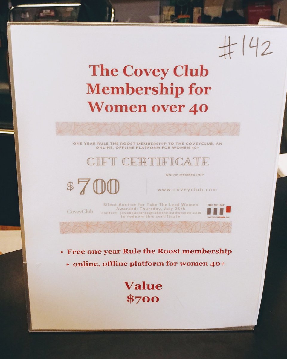 @TheCoveyClub membership is a featured #silentauction item from @takeleadwomen's fifth anniversary celebration. Publishing icon @lesleyjseymour founded this popular #womensgroup. #TakeTheLead5