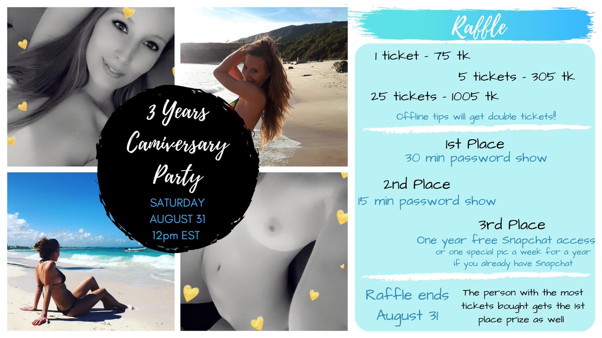 Surfer_girl121's tweet photo. 🎉 Camiversary Party August 31!!🎉 
Come celebrate with me this amazing 3 years together 🥳 I couldn't have done without you guys 🥰  We're gonna partayyyyy!!!!
🎟️ Raffle info in the pic 🎟️ https://t.co/ivawiD8T0y