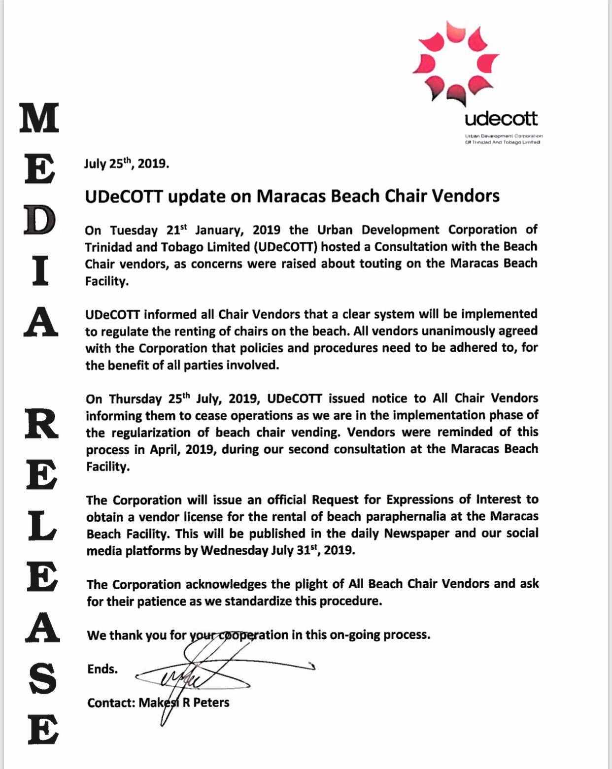 Udecott On Twitter Media Release Udecott Update On Maracas Beach Chair Vendors Https T Co Yqezjvbmwu Twitter