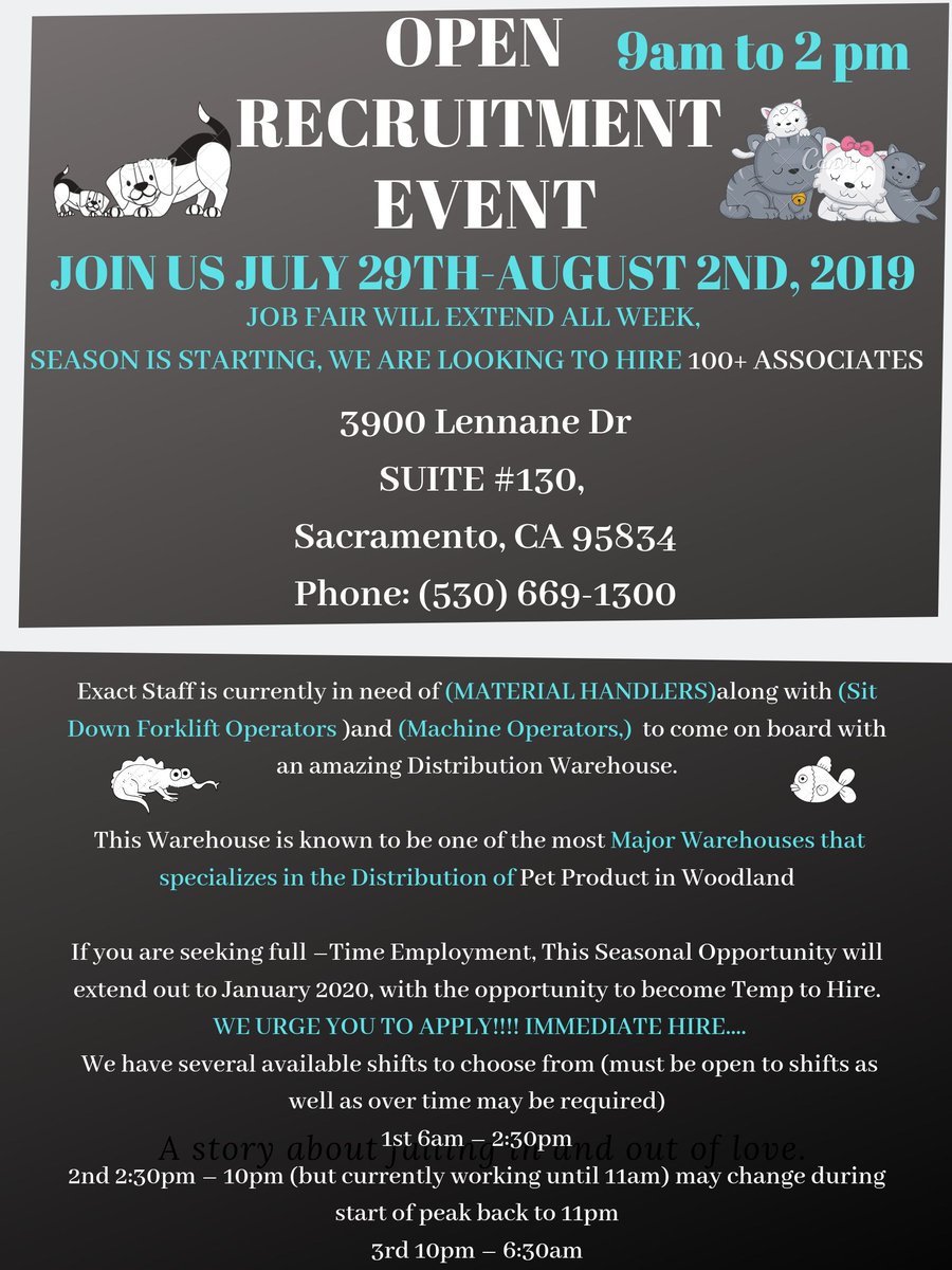 staff_exact's tweet photo. Open Recruitement
July 29th through August 2nd, 2019 
9am to 2pm 
Open Recruitment
Address: 3900 Lennane Dr
Suite #130,
Sacramento, CA 95834
Phone: (530) 669-1300
#employment #opportunity #jobs #sacramentoca #ca #jobfair #jobs #forklift #materialhandlers https://t.co/CGW3n0G1Hn