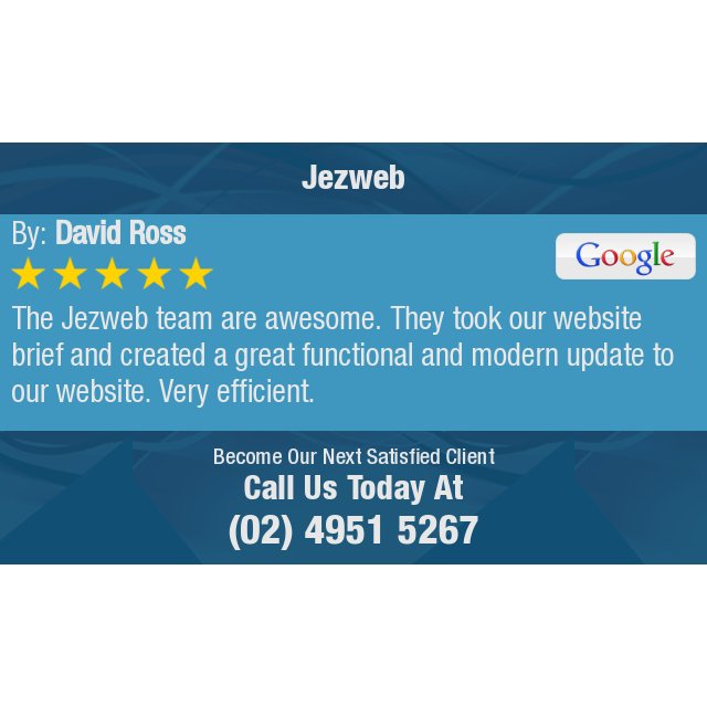 jezwebdesign's tweet image. 5 Star: David R. &quot;The Jezweb team are awesome. They took our website brief and created a great functional and...&quot; bit.ly/2E3FvzG
