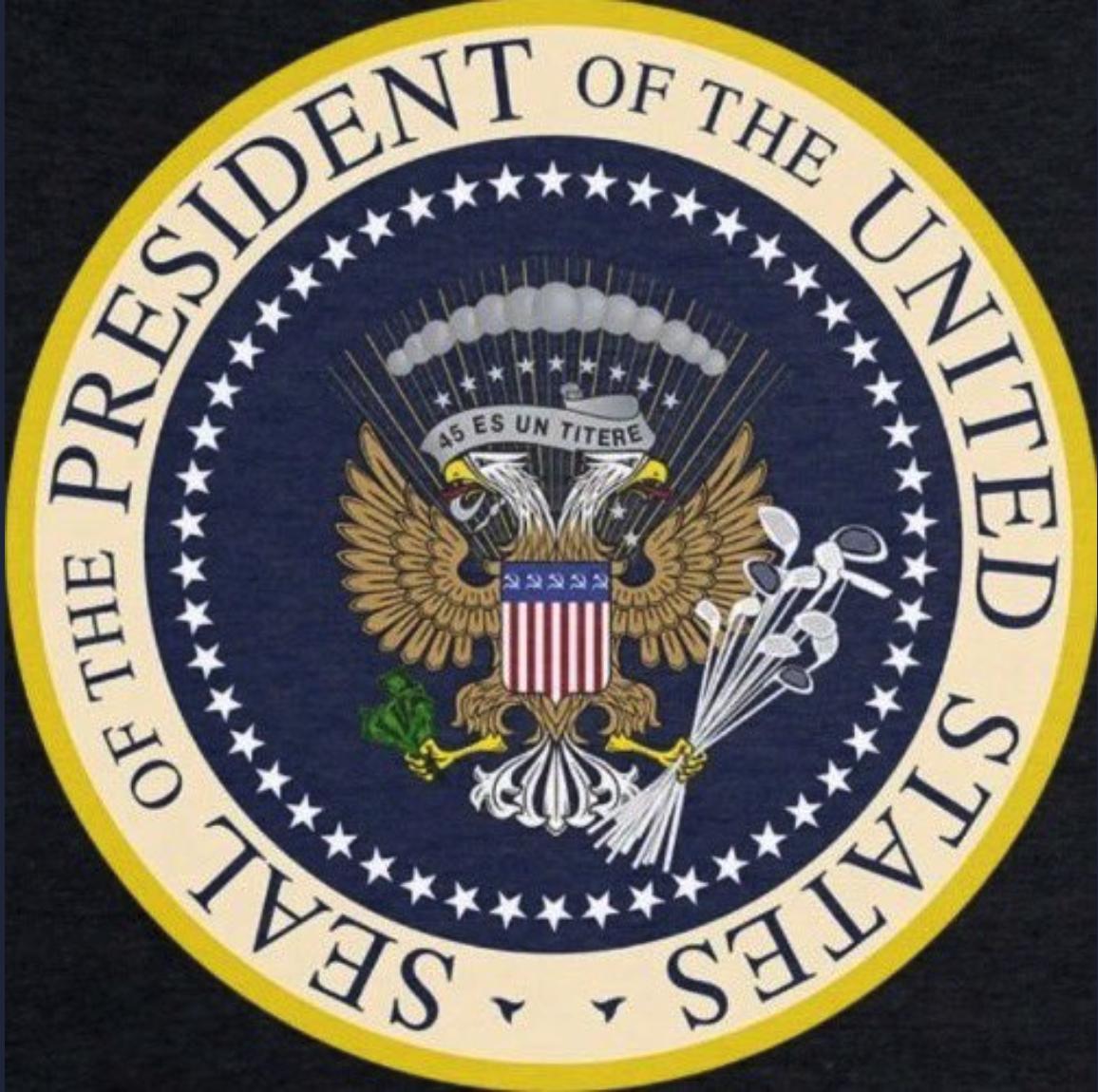 JohnSulliPhoto's tweet image. Perfectly accurate revised United States Presidential Seal:

☑️Russian Eagle
☑️Golf Clubs
☑️Grifted Tax Dollars
☑️Repeated Hammer and Sickle in Shield
☑️Banner in Latin: "45 is a Puppet"
☑️Democracy in Peril

#USFail
#SaveUS
#ComplicitGOP
#DemocracyInDistress
#ImpeachTrumpNow