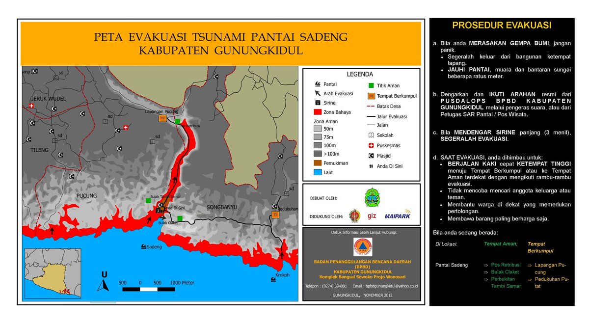 infomitigasi's tweet photo. Peta Jalur Evakuasi Potensi Bahaya Tsunami Untuk Wilayah Kab.Gunungkidul Yogyakarta #sadeng #wediombo #siung @PRB_BNPB @BNPB_Indonesia #EkspedisiDestanaTsunami https://t.co/um9fElZQfI